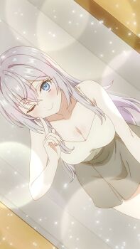 1girl alisa_mikhailovna_kujou anime_screenshot bare_shoulders blue_eyes blush breasts brown_skirt camisole cleavage closed_mouth collarbone dot_nose female_focus grey_hair highres large_breasts long_hair long_image looking_at_viewer miniskirt one_eye_closed pose_imitation rotated skirt sleeveless smile solo solo_focus sparkle_background tokidoki_bosotto_roshia-go_de_dereru_tonari_no_alya-san white_camisole