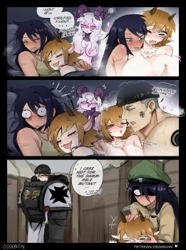 3girls adeptus_astartes animal_ears armor astra_militarum black_templars body_fur bowl_cut breasts chaos_(warhammer) cleavage colored_skin commentary demon_girl demon_horns dreaming english_commentary english_text facial_tattoo goat_ears goat_girl goat_horns grey_hair groping highres holding horns large_breasts multiple_girls odd_onion open_mouth pauldrons pink_eyes pointy_ears power_armor scar shoulder_armor slaanesh sleeping sleeping_on_person tank_top tattoo warhammer_40k wavy_hair yuri