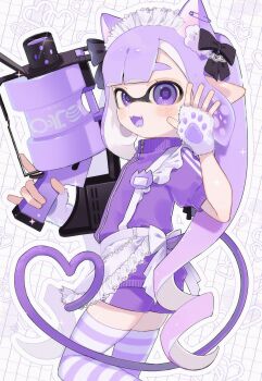 .52_gal_(splatoon) 1girl animal_ears animal_hands apron black_bow bow cat_ears cat_girl commentary_request fangs fingerless_gloves gloves grid_background hair_bow highres holding holding_weapon inkling inkling_girl inkling_player_character jacket kemonomimi_mode long_hair looking_at_viewer maid_apron maid_headdress nintendo open_mouth outline paw_gloves pointy_ears purple_eyes purple_hair purple_jacket purple_pupils purple_shorts purple_theme sabata_saba shorts smile solo splatoon_(series) splatoon_3 standing standing_on_one_leg striped_clothes striped_thighhighs tentacle_hair thighhighs very_long_hair waving weapon white_background white_outline