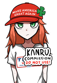 1girl 4chan alternate_costume clover clover_hair_ornament commission english_text four-leaf_clover freckles green_eyes hair_ornament koalakanru long_hair looking_at_viewer orange_hair politics shirt sidelocks simple_background solo vivian_james white_shirt