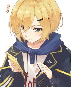 1boy black_jacket blonde_hair blue_hood blush cellphone closed_mouth clothes_writing drawstring green_eyes hair_ornament hair_over_one_eye hairclip highres holding holding_phone holding_string hood hood_down hoodie jacket lapels looking_at_viewer male_focus mitei_(nyachas2) nijisanji no_headwear notched_lapels notice_lines open_clothes open_jacket phone polka_dot print_hoodie short_hair simple_background smartphone smile solo standing string upper_body uzuki_kou uzuki_kou_(5th_costume) virtual_youtuber white_background white_hoodie wolf_cut yellow_trim
