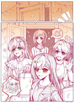 Rule 34 | +++, 5girls, aqua eyes, bag, birthday party, braid, cake, cake slice, chain, chain necklace, chinese commentary, coat, commentary request, confetti, crown braid, diagonal bangs, earrings, elbow carry, food, frilled shirt, frills, fujishima megumi, fujishima megumi (post-graduation), green eyes, hair ornament, hairclip, hasu no sora school uniform, highres, hinoshita kaho, holding, holding bag, jacket, jewelry, limited palette, link! like! love live!, long hair, long sleeves, love live!, multiple girls, neckerchief, necklace, official alternate costume, ogami sachi, ogami sachi (post-graduation), open clothes, open coat, open jacket, otomune kozue, otomune kozue (post-graduation), parallel hairclips, pink eyes, plaid clothes, plaid coat, ponytail, purple eyes, ribbed sweater, sailor collar, school uniform, shirt, shopping bag, short hair, speech bubble, spoken character, spoken food, star (symbol), star earrings, suit jacket, sweater, thought bubble, turtleneck, turtleneck sweater, virtual youtuber, waving, winter uniform, yellow eyes, yrxy settingsun, yugiri tsuzuri, yugiri tsuzuri (post-graduation)