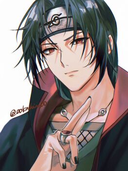 00kashian00 1boy black_coat black_hair black_headband black_nails coat commentary_request expressionless forehead_protector headband highres jewelry konohagakure_symbol male_focus naruto_(series) necklace portrait red_eyes ring sharingan solo twitter_username uchiha_itachi