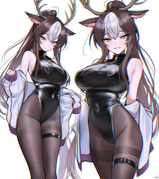 1girl absurdres animal_ears antlers aqua_eyes bare_shoulders belt black_leotard black_pantyhose breasts brown_hair chromatic_aberration closed_mouth clothes_down commentary_request covered_navel deer_antlers deer_ears deer_girl haze_(7h4ze) heavy_chromatic_aberration highleg highleg_leotard highres horns jacket large_breasts leotard light_blush long_hair looking_at_viewer multicolored_hair multiple_views original pantyhose parted_lips ponytail signature simple_background smile thigh_belt thigh_strap thighband_pantyhose two-tone_hair white_background white_hair white_jacket zipper_pull_tab