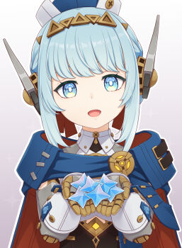 1girl android blue_cape blue_eyes blue_hair blue_hat bright_pupils cape commentary_request genshin_impact gradient_background grey_background haruneharu hat headgear highres hood hooded_cape ineffa_(genshin_impact) joints looking_at_viewer open_mouth outline primogem red_cape robot_joints short_hair sidelocks solo two-sided_cape two-sided_fabric upper_body white_outline white_pupils