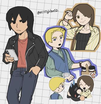 ... 1girl 2boys alternate_costume bag black_eyes black_hair black_jacket black_pants black_shirt blonde_hair blue_eyes blue_pants blue_shirt blue_sweater_vest blue_vest bracelet breasts brown_eyes brown_hair casual cellphone closed_eyes closed_mouth coffee collared_shirt cup denim disposable_cup food green_shirt grid_background hand_in_pocket hands_on_another's_face highres holding holding_bag holding_cup holding_disposable_cup_holder holding_food holding_phone jacket jeans jewelry long_hair long_sleeves looking_at_another looking_at_phone looking_at_viewer mii_(nintendo) mii_brawler mii_brawler_(smash_ultimate) mii_gunner mii_gunner_(smash_ultimate) mii_swordfighter mii_swordfighter_(smash_ultimate) miifighterss2 multiple_boys multiple_views nintendo open_clothes open_jacket open_mouth pants parted_bangs phone red_shirt shirt short_hair simple_background smartphone smile speech_bubble spoken_ellipsis striped_clothes striped_shirt sweatdrop sweater_vest twitter_username vest watch wristwatch yellow_shirt