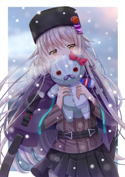 1girl artist_request charlotta_skopovskaya commentary_request hat heaven_burns_red holding holding_stuffed_toy long_hair looking_at_viewer ribbon snow stuffed_animal stuffed_toy ushanka yellow_eyes