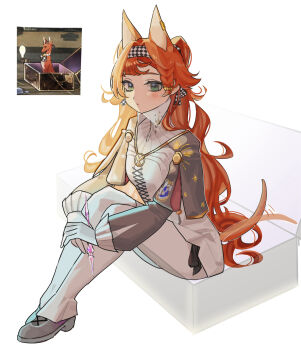 1girl absurdres animal_ears animalization box checkered_hairband collared_dress dog dog_ears dog_tail dress full_body game_screenshot_inset glass_pen gloves green_eyes grey_shoes grey_sleeves greyhound hairband high_collar highres holding holding_pen kemonomimi_mode long_hair looking_at_viewer on_box orange_hair pants pants_under_dress pen perapera_o2 reverse:1999 shoes sitting solo sonetto_(reverse:1999) tail tail_wagging two_side_up very_long_hair white_background white_dress white_gloves white_pants