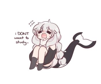 1girl =_= artist_self-insert asymmetrical_legwear bare_shoulders black_shorts black_sleeves black_socks blush blush_stickers braid cetacean_tail chibi chonkyorca closed_eyes commentary detached_sleeves english_text facing_viewer fins fish_tail flying_sweatdrops full_body grey_hair hair_between_eyes highres hugging_own_legs knees_up long_hair low_twintails no_shoes nose_blush open_mouth orca_(chonkyorca) original ribbed_sweater short_eyebrows shorts simple_background sitting sleeveless sleeveless_sweater sleeveless_turtleneck socks solo sweat sweater symbol-only_commentary tail thick_eyebrows turtleneck turtleneck_sweater twin_braids twintails very_long_hair white_background white_sweater