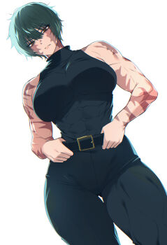 1girl bare_shoulders belt black_belt black_pants breasts brown_eyes closed_mouth commentary green_hair highres jujutsu_kaisen large_breasts looking_at_viewer multiple_scars muscular muscular_female pants scar scar_on_arm scar_on_face simple_background solo spoiledmuffin white_background zen'in_maki