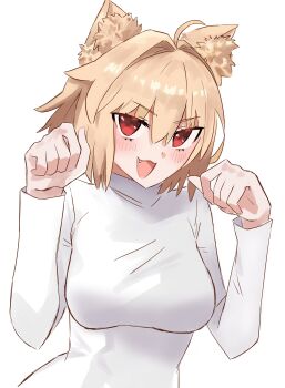 1girl :3 absurdres ahoge animal_ear_fluff animal_ears arcueid_brunestud blonde_hair blush breasts carrotyeh cat_ears cat_girl hair_between_eyes hair_intakes highres looking_at_viewer open_mouth paw_pose red_eyes sweater tsukihime turtleneck turtleneck_sweater upper_body white_sweater
