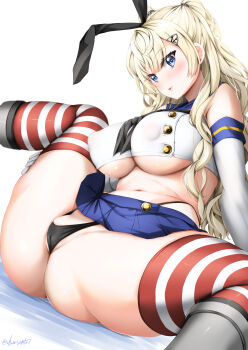 1girl black_hairband black_neckerchief black_panties blonde_hair blue_eyes blue_sailor_collar blue_skirt breasts commentary_request cosplay crop_top elbow_gloves gloves hairband highleg highleg_panties highres kantai_collection kuon_(break_through) large_breasts long_hair microskirt miniskirt minneapolis_(kancolle) neckerchief panties pleated_skirt sailor_collar shimakaze_(kancolle) shimakaze_(kancolle)_(cosplay) shirt showgentei simple_background skirt sleeveless sleeveless_shirt solo spread_legs striped_clothes striped_thighhighs thighhighs two_side_up underwear wavy_hair white_background white_gloves