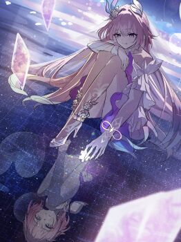 1girl absurdres cropped cyrene_(aedes_elysiae)_(honkai:_star_rail) cyrene_(honkai:_star_rail) cyrene_(ripples_of_past_reverie)_(honkai:_star_rail) different_reflection dress hashtag-only_commentary highres honkai:_star_rail honkai_(series) looking_at_reflection official_alternate_costume pink_hair puzzle_piece reflection smile solo white_dress wira