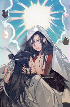 2boys alternate_hairstyle amana_raika bishounen black_eyes black_hair black_hanfu black_rabbit_(animal) blue_sky breast_sucking chinese_clothes closed_eyes closed_mouth cloud cloudy_sky collarbone couple creature grey_eyes hair_down hand_in_another&#039;s_hair hand_on_another&#039;s_face hanfu headband highres holding holding_ribbon lan_wangji light_particles long_hair long_sleeves looking_at_another looking_down male_focus modao_zushi multiple_boys nipples open_clothes open_robe parted_lips pectorals rabbit ribbon robe sky smile sucking_male_nipple sun topknot twitter_username upper_body veil wei_wuxian white_hanfu white_headband white_rabbit_(animal) white_veil wide_sleeves xiao_guan_(headdress) yaoi