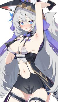 1girl absurdres animal_ears arm_up armpits bare_shoulders black_gloves black_hood black_panties black_skirt blue_eyes blush bow bowtie breasts cleavage covered_erect_nipples cowboy_shot crop_top embarrassed fingerless_gloves fox_ears fox_girl fox_tail garter_straps gloves hand_on_own_chest highleg highleg_panties highres long_hair looking_at_viewer medium_breasts miniskirt navel nose_blush open_mouth original panties pleated_skirt presenting_armpit see-through_clothes see-through_skirt shirt simple_background skirt sleeveless sleeveless_shirt smile solo spaghetti_strap stomach tail thigh_strap underwear very_long_hair w.k white_background white_hair