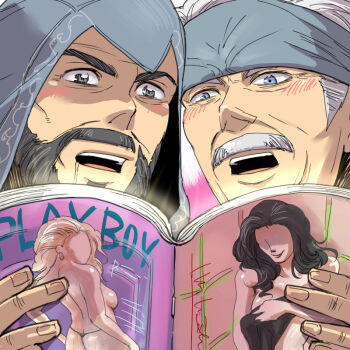 2boys 2girls assassin's_creed assassin's_creed:_revelations assassin's_creed_(series) bad_id bad_pixiv_id bandana beard black_eyes blue_eyes blush book book_focus breasts covering_breasts covering_privates crossover drooling ezio_auditore_da_firenze facial_hair grey_hair headband hinoe_(dd_works) holding holding_book hood metal_gear_(series) metal_gear_solid metal_gear_solid_4:_guns_of_the_patriots multiple_boys multiple_girls mustache old old_man old_snake open_book open_mouth panties playboy pornography reading small_breasts smile solid_snake underwear viewing_pornography