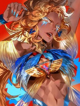 Rule 34 | 1girl, blonde hair, cookie run, cookie run: kingdom, dark-skinned female, dark skin, gold shawl, golden cheese cookie, highres, long hair, looking at viewer, pcacao, shawl, solo, toned, toned female, yellow eyes