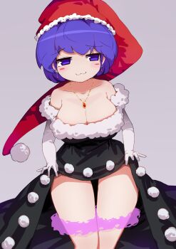 Rule 34 | absurdres, bare legs, breasts, chinese commentary, commentary request, cotton ball, doremy sweet, hat, highres, large breasts, purple eyes, purple hair, santa hat, touhou, wavy mouth, xin wuwu