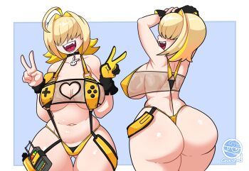 1girl ahoge ass black_choker blonde_hair blush breasts breasts_squeezed_together choker cleavage collarbone curvy dahs elegg_(boom_and_shock)_(nikke) elegg_(nikke) fangs gloves goddess_of_victory:_nikke grabbing_own_breast hair_intakes hair_over_eyes highres huge_ass large_breasts looking_at_viewer multiple_views navel open_mouth revealing_clothes see-through_slingshot_swimsuit shiny_skin short_hair simple_background single_glove slingshot_swimsuit smile solo stomach swimsuit tongue tongue_out turnaround v white_background wide_hips yellow_slingshot_swimsuit