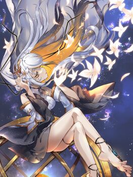 1girl absurdres bare_shoulders barefoot black_skirt black_sleeves colored_inner_hair commission crossed_legs detached_sleeves floating_hair flower gold_trim hair_flower hair_ornament highres kanai23831347 legs long_hair multicolored_hair orange_hair original shirt skeb_commission skirt sleeveless sleeveless_shirt solo toes white_flower white_hair white_shirt white_sleeves wide_sleeves yellow_eyes