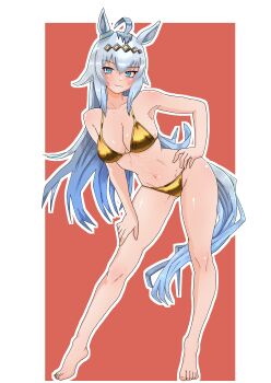 1girl absurdres ahoge animal_ears bare_arms bare_shoulders bikini blue_eyes blush bokkehebkbk breasts cleavage closed_mouth commentary_request ear_ornament full_body gold_bikini grey_hair grey_tail hair_between_eyes hair_ornament hand_on_own_hip hand_on_own_thigh highres horse_ears horse_girl horse_tail large_breasts long_hair multicolored_hair navel oguri_cap_(umamusume) simple_background smile solo stomach swimsuit tail umamusume