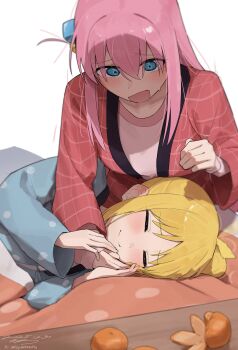 2girls absurdres ahoge blonde_hair blue_shirt blush bocchi_the_rock! closed_eyes closed_mouth commentary_request cube_hair_ornament food fruit gotoh_hitori hair_between_eyes hair_ornament hand_up highres ijichi_nijika long_hair long_sleeves lying mandarin_orange multiple_girls on_side one_side_up open_mouth pink_hair seisyuntarotto shirt sidelocks signature simple_background smile sweatdrop twitter_username white_background