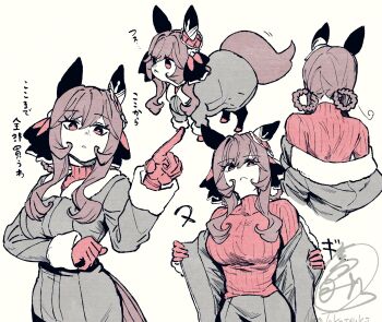 1girl :< animal animal_ears animalization black_coat braid braided_hair_rings breasts brown_hair closed_mouth clothed_animal coat commentary_request ear_covers ear_ornament gentildonna_(umamusume) gloves hair_between_eyes hair_ornament hair_rings heart-shaped_ornament heart_ear_ornament highres horse_ears horse_girl horse_tail large_breasts long_hair open_clothes open_coat recursive_animalization red_eyes red_gloves red_sweater sweater tail takatsuki_nato umamusume