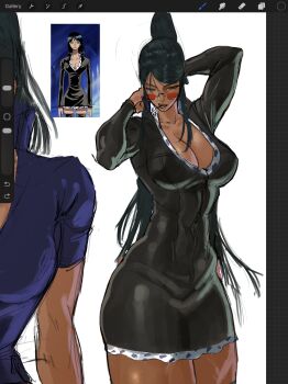 1girl absurdres art_program_in_frame black_dress black_hair blue_eyes breasts curvy dark-skinned_female dark_skin dress highres impossible_clothes kin_machina large_breasts long_hair nico_robin one_piece photo-referenced solo