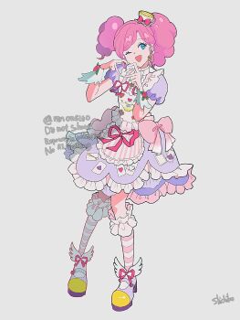 1girl ;d aikatsu! aikatsu!_(series) amahane_madoka blue_eyes club_(shape) commentary_request cup diamond_(shape) dress flower frilled_dress frills full_body grey_background hands_up heart heart_hands highres long_hair looking_at_viewer one_eye_closed open_mouth pink_flower pink_hair pink_ribbon pink_rose pocket_watch print_dress puffy_short_sleeves puffy_sleeves purple_dress ribbon rose shichiko_(kerori) shoes short_sleeves smile socks solo spade_(shape) standing striped_clothes striped_socks teacup teapot twintails watch wrist_cuffs