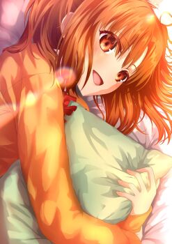 1girl :d brown_eyes brown_hair commentary_request highres hugging_object lying on_bed on_side open_mouth orange_pajamas pajamas pillow pillow_hug smile solo sunlight tsubaki9124 tsukihime yumizuka_satsuki