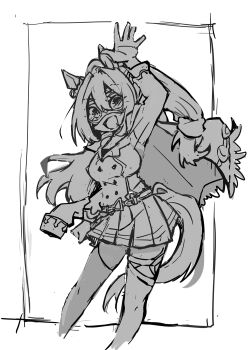 Rule 34 | 1girl, :d, animal ears, arm up, beer hsk, cape, el condor pasa (el numero 1) (umamusume), el condor pasa (umamusume), eye mask, greyscale, hair between eyes, highres, horse ears, horse girl, horse tail, jacket, long sleeves, looking at viewer, mask, monochrome, open mouth, pleated skirt, ponytail, sketch, skirt, smile, solo, tail, umamusume, white background