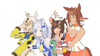 4girls :d absurdres animal_ears aqua_eyes asymmetrical_gloves bare_shoulders bea_bell_(racehorse) bell black_gloves blue_dress breasts brown_hair character_name cleavage cleavage_cutout clothing_cutout collarbone collared_dress commentary diversity_(racehorse) don_julio_(racehorse) dress elbow_gloves english_commentary epaulettes fake_facial_hair fake_mustache fang fingerless_gloves glove_cutout gloves gradient_hair green_eyes green_gloves grey_hair hair_bell hair_intakes hair_ornament half_gloves highres hito_(maruhito) horse_ears horse_girl horse_tail inward_v inward_w istulen_ola_(racehorse) jacket large_breasts locked_arms long_hair mismatched_gloves multicolored_hair multiple_girls neckerchief open_clothes open_jacket open_mouth orange_eyes orange_skirt original parted_bangs personification ponytail simple_background single_bare_shoulder single_elbow_glove single_epaulette skin_fang skirt sleeveless sleeveless_dress sleeveless_jacket small_breasts smile streaked_hair tail twintails v v_over_head white_background white_gloves white_jacket yellow_jacket yellow_neckerchief