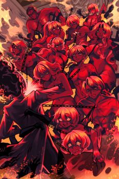 1other 6+boys 6+girls arm_up beanni black_skin bow breasts chain coat colored_sclera colored_skin completely_nude crying dante_(limbus_company) don_quixote_(project_moon) faust_(project_moon) fire glasses gregor_(project_moon) hair_between_eyes hair_bow heathcliff_(project_moon) hell highres hong_lu_(project_moon) hug ishmael_(project_moon) limbus_company long_hair low_ponytail medium_breasts meursault_(project_moon) multiple_boys multiple_girls featureless_crotch no_nipples nude ootachi open_mouth outis_(project_moon) ponytail project_moon reaching reaching_towards_another red_coat red_hair red_skin rodion_(project_moon) ryoshu_(project_moon) short_hair sinclair_(project_moon) smile very_long_hair wavy_hair yellow_sclera yi_sang_(project_moon)