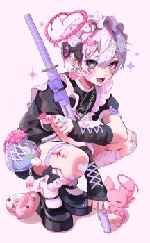 Rule 34 | 1boy, apron, arm warmers, bag, bandaid, bandaid on face, bandaid on leg, black ribbon, blood, commentary request, donut, earrings, food, halo, heart, heart halo, highres, jewelry, kaminoq, katana, looking at viewer, maid apron, maid headdress, male focus, open mouth, original, pointy ears, ribbon, ring, shoulder bag, solo, sparkle, squatting, sword, watermark, weapon, white background, zipper, zipper pull tab