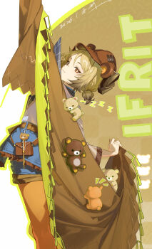 1girl :3 absurdres animal_ears arknights arm_up bear_ears blonde_hair blue_shorts brown_background brown_hair brown_hat character_name chinese_commentary commentary_request dated fake_animal_ears feet_out_of_frame grey_shirt hat highres hokushuu horns ifrit_(arknights) ifrit_(relaxing_trip)_(arknights) korilakkuma looking_at_viewer looking_back notice_lines orange_hair orange_pantyhose outline pantyhose rilakkuma san-x shirt short_twintails shorts signature solo twintails two-tone_background white_background yellow_outline zzz