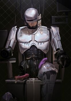 Rule 34 | 1boy, aftersex, amputee, blood, blood on face, cable, condom, cum, cyborg, dildo, double amputee, electricity, helmet, highres, male focus, nosebleed, pussy, reverse newhalf, robocop, robocop (character), robot, sex toy, sitting, solo, taocan shisi hao, used condom