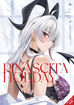 1girl ahoge artist_name bare_shoulders black_horns blush bra breasts chinese_commentary closed_mouth commentary_request cover cover_page curled_horns earrings grey_hair highres horns jewelry key_earrings large_breasts lingerie long_hair looking_at_viewer looking_back m_(1n910) median_furrow mole mole_under_eye purple_bra red_eyes smile solo tacet_mark_(wuthering_waves) underwear upper_body wuthering_waves zani_(wuthering_waves)