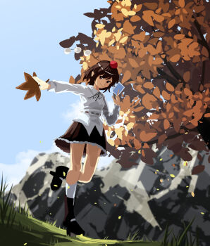 1girl black_boots black_ribbon black_skirt boots brown_eyes brown_hair closed_mouth cloud day falling_petals frilled_skirt frills furahata_gen grass hand_fan hat highres holding holding_fan holding_photo leaf long_sleeves looking_at_viewer mountain petals photo_(object) pointy_ears red_hat ribbon shameimaru_aya shirt shirt_ribbon short_hair skirt sky sleeve_cuffs smile socks solo standing standing_on_one_leg tokin_hat touhou tree white_shirt white_socks