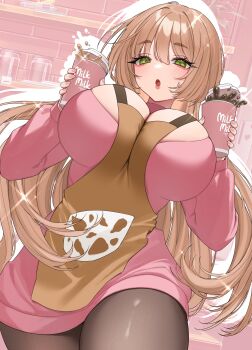 1girl absurdres apron between_breasts blush breasts brown_apron brown_hair cleavage clothes_between_breasts commentary cup green_eyes hashtag-only_commentary highres holding holding_cup large_breasts long_hair long_sleeves moka_(one_iced_latte_with_your_breast_milk_please!) nemuaki one_iced_latte_with_your_breast_milk_please! open_mouth pantyhose pink_sweater solo sweater symbol-only_commentary