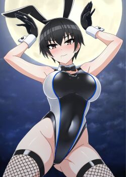 Rule 34 | 1girl, absurdres, animal ear hairband, animal ears, black gloves, black hair, black one-piece swimsuit, bow, bowtie, brown eyes, commentary request, competition swimsuit, cowboy shot, detached collar, fake animal ears, fishnet thighhighs, fishnets, full moon, gloves, groin, hairband, highleg, highleg one-piece swimsuit, highres, leotard, moon, night, one-piece swimsuit, original, playboy bunny swimsuit, rabbit ears, short hair, solo, strapless, strapless leotard, swimsuit, thighhighs, tsurime, two-tone swimsuit, wrist cuffs, yurizuku owl