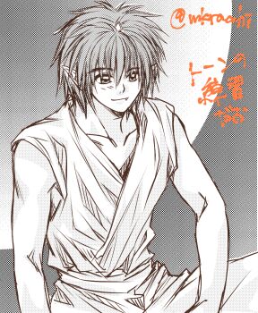 1boy closed_mouth collarbone fang highres horns jin_kaze_tsukai male_focus mkracchi monochrome pointy_ears shirt short_hair signature single_horn sleeveless sleeveless_shirt solo upper_body yuu_yuu_hakusho