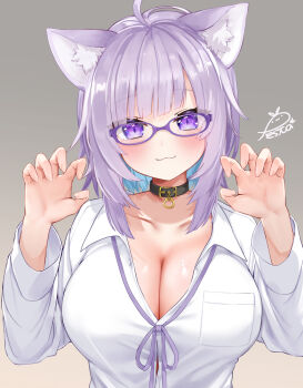 1girl ahoge animal_ear_fluff animal_ears belt_collar blue_hair blush bow bowtie breast_pocket breasts cat_ears choppy_bangs claw_pose cleavage collar colored_inner_hair commentary_request festa11307070 glasses grey_background hololive large_breasts looking_at_viewer multicolored_hair nekomata_okayu paid_reward_available pocket purple-framed_eyewear purple_bow purple_bowtie purple_eyes purple_hair round_eyewear shirt short_hair signature smile solo upper_body virtual_youtuber white_shirt