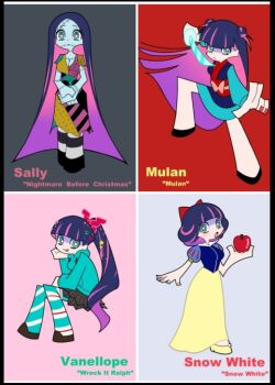 1girl blue_eyes blunt_bangs bow breasts colored_inner_hair disney dress fa_mulan_(disney) hair_bow hiro_(hiro1239119) long_hair looking_at_viewer mulan_(movie) multicolored_hair multiple_persona over-kneehighs panty_&amp;_stocking_with_garterbelt pantyhose pink_hair sally_(nbc) snow_white_(disney) snow_white_and_the_seven_dwarfs_(disney) stocking_(psg) striped_clothes striped_thighhighs the_nightmare_before_christmas thighhighs two-tone_hair vanellope_von_schweetz wreck-it_ralph