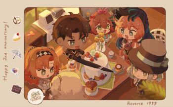 +_+ 1boy 5girls :d ^^^ absurdres anniversary basket birthday_cake black_coat black_gloves black_hands black_hat black_jacket black_veil blue_bow blue_dress blue_eyes blue_veil boater_hat border bow bright_pupils brown_border brown_hair cake centauroid checkered_hairband chibi chimera coat colored_extremities cup dress flower flutterpage food from_above gloves green_eyes hair_bow hairband hat hat_bow highres holding holding_basket holding_cup holding_sword holding_weapon indoors j_(reverse:1999) jacket matilda_bouanich monitor multiple_girls multiple_hair_bows nautika_(reverse:1999) one_side_up open_mouth orange_hair oredcchi parfait pink_hair pudding reverse:1999 scar scar_on_face short_hair smile sonetto_(reverse:1999) spoken_character sword taur two-tone_veil two_side_up vase veil vertin_(reverse:1999) weapon white_dress white_gloves white_pupils window yellow_flower