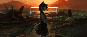 1girl absurdres animal_ears black_dress black_hair closed_mouth commentary cowboy_shot crossed_arms dead_animal dress english_commentary evening expressionless grey_shirt highres log long_hair long_sleeves mountain nerok orca original outdoors pinafore_dress ponytail shirt sleeveless sleeveless_dress solo standing tail
