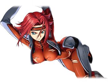 1girl arms_up artist_request ass blue_eyes blurry bodysuit breasts closed_mouth code_geass code_geass:_lost_stories cropped_vest depth_of_field female_focus game_cg grey_vest hair_flaps hair_intakes headband highres knees_together_feet_apart kouzuki_kallen large_breasts leaning_forward leg_up looking_at_viewer non-web_source official_art open_clothes open_vest red_bodysuit red_hair red_headband serious shiny_clothes short_hair sidelocks simple_background skin_tight solo standing standing_on_one_leg torn_bodysuit torn_clothes transparent_background v-shaped_eyebrows vest