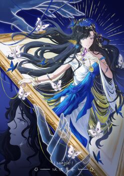 Rule 34 | 1girl, absurdres, black hair, blue background, blue butterfly, blue dress, bracelet, bug, butterfly, crying, crying with eyes open, dress, floating hair, guocha jia zhenzhu, hand up, highres, insect, isolde (reverse:1999), isolde (the last fluttering beat) (reverse:1999), jewelry, long hair, multiple views, official alternate costume, picture frame, purple eyes, reverse:1999, sample watermark, streaming tears, tears, two-tone dress, very long hair, watermark, white butterfly, white dress