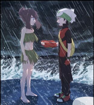 1boy 1girl armpit_crease arms_at_sides backpack bag baggy_pants barefoot bikini black_hair blue_eyes brendan_(pokemon) brown_hair clenched_hands collarbone eyelashes fangs feet flat_chest from_side full_body grass_skirt grey_sky groin hat holding holding_unworn_clothes knees leaf_bikini legs looking_at_another may_(pokemon) medium_hair midriff navel neck nintendo no_bra no_panties ocean official_alternate_costume open_mouth ouri_(aya_pine) outdoors pants pokemon pokemon_adventures profile rain red_eyes revealing_clothes serious shoes short_sleeves sidelocks sky sneakers standing storm swept_bangs swimsuit thighs toenails toes tomboy topknot wet wet_hair