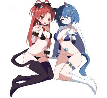 Rule 34 | 2girls, absurdres, animal ears, bandaged head, bandages, bikini, black thighhighs, blue bikini, blush, breasts, cape, cat ears, cat tail, claw pose, cleavage, closed eyes, collarbone, commentary request, detached sleeves, fang, fortissimo, hair ornament, high ponytail, highres, kemonomimi mode, looking at viewer, mahou shoujo madoka magica, mahou shoujo madoka magica: walpurgis no kaiten, miki sayaka, multiple girls, musical note, musical note hair ornament, open mouth, paw pose, ponytail, red eyes, red hair, red nails, sakura kyoko, simple background, socks, srfgs, swimsuit, tail, thigh strap, thighhighs, white background, white cape, white socks