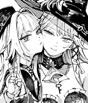2girls ben-day_dots cheek-to-cheek closed_mouth commentary dated_commentary doll_joints greyscale hat heads_together herta_(honkai:_star_rail) herta_(puppet)_(honkai:_star_rail) highres honkai:_star_rail honkai_(series) jewelry joints key key_necklace looking_at_viewer monochrome multiple_girls necklace one_eye_closed otimusyairoha screentones the_herta_(honkai:_star_rail) twitter_username upper_body v witch_hat